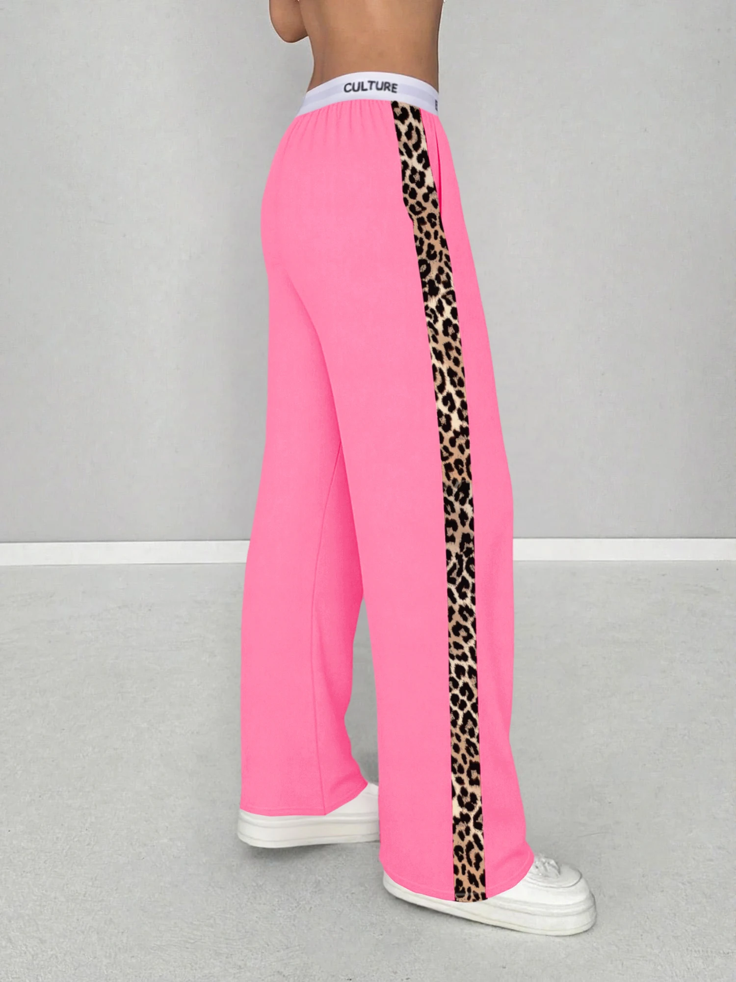 Women’s leopard print wide leg pants with side stripe high waist streetwear trousers pink
