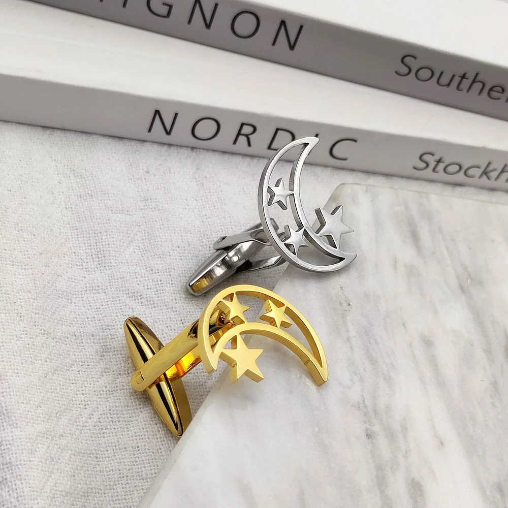 

Cufflinks for Mens Luxury Personalized Moon Star Shaped Gold Suit Shirt Buttons Stainless Steel Jewelry Wedding Groomsmen Gifts