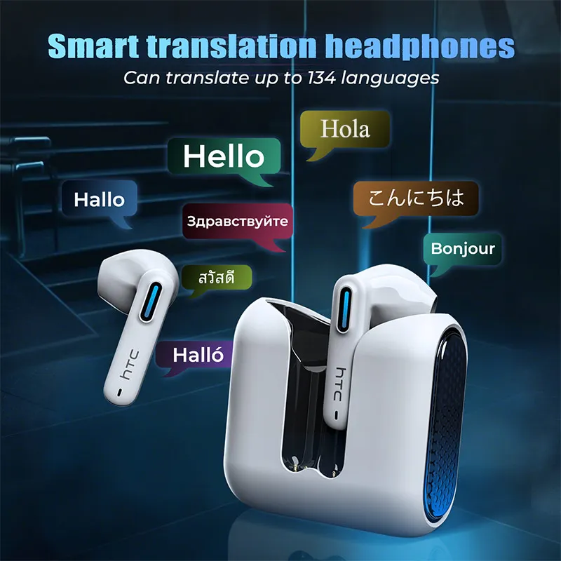 سماعات أذن لاسلكية HTC NE49 TWS موديل 2026 للترجمة الفورية، سماعات ألعاب منخفضة التأخير، صوت ستيريو عالي الدقة، مكالمات عالية الجودة مع ميكروفون