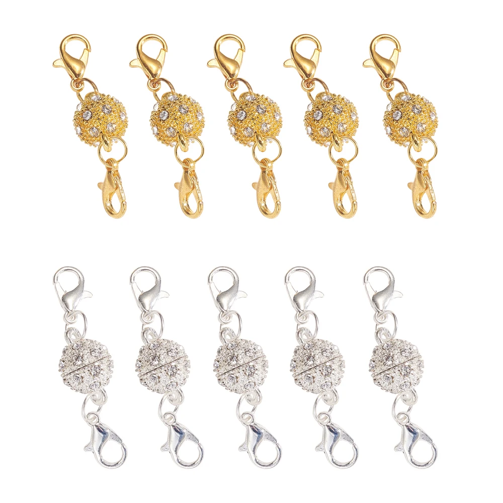 10 Sets Ball Shape Crystal Rhinestone Magnetic Connector Clasps with Lobster Claw Clasps Findings for DIY Jewelry Making Design
