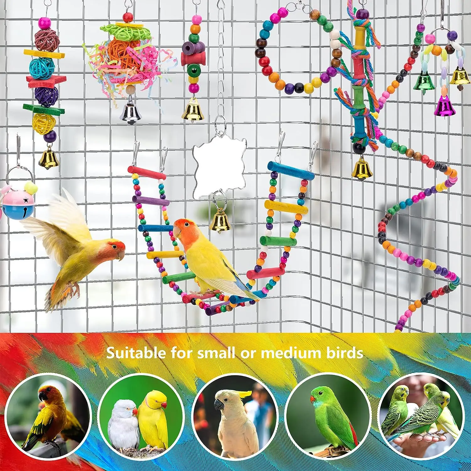Combination Bird Toys Set Swing Chewing Training Toys Small Parrot Hanging Hammock Parrot Cage Bell Perch with Ladder