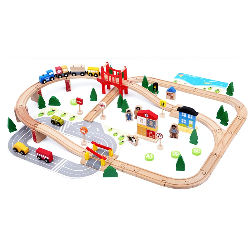 

92 Pieces Wooden Track Set Transport Bridge Track Scene Accessories Kids Education Assembly Track Toy Compatible Wooden 1:64 P44
