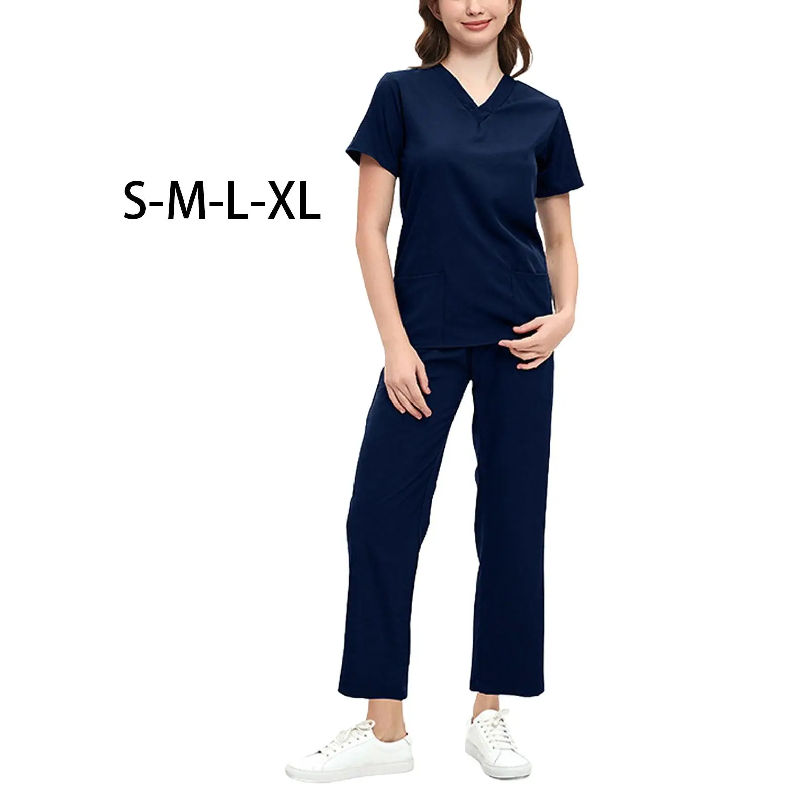 Women Scrubs Set Short Sleeved Workwear Work Clothes Comfortable Work suits Nurse Uniform for Healthcare Pet Grooming Navy Blue