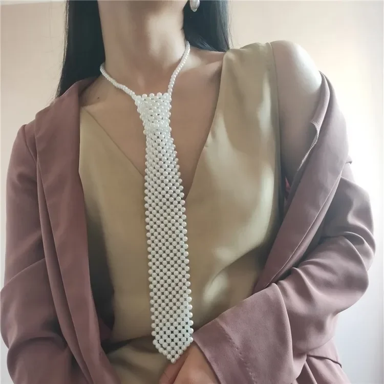 

Women Pearl Necktie Hollow Out Imitation Peral Necklace Retro Weaving Beaded Vintage Jewelry Choker Shirt Tie Collar For Female