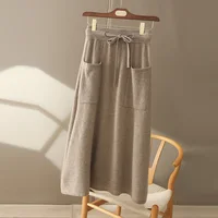 Autumn And Winter100% Pure Wool Skirt Women’s Long Pocket Small A Skirt High Waist Slim Cashmere Knit A-Line Skirt