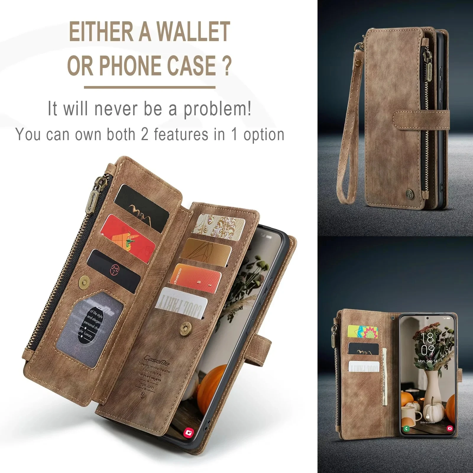 Elegant PU Leather Wallet Case with Card Holder and Strap, Book Flip Design