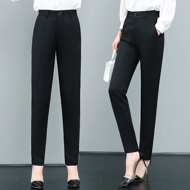 Spring Autumn Women's Solid High Waist Button Zipper Pocket Casual Formal Suit Trousers Fashion Office Lady Vacation Pants