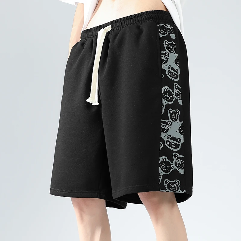 2024 New Summer Men Side Edge Patchwork Little Bear Printing Shorts Solid Color Loose Popularity Elastic Waist Casual Pants