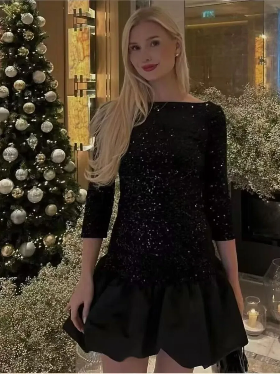 

2024 Spring New Sequins Mini Dress Women O-neck Long Sleeve Back Lace-up Satin Patchwork Elegant Dresses Luxury Fashion Vestidos