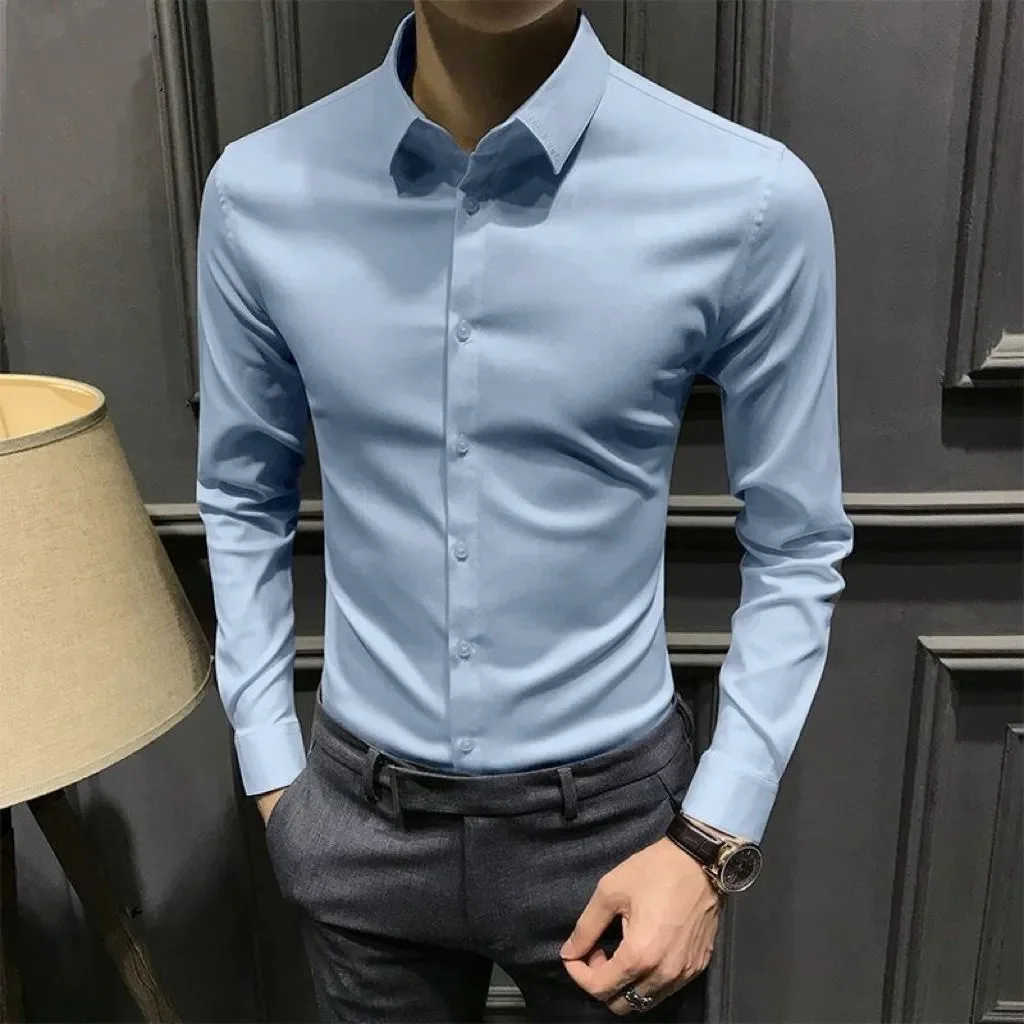 Business Casual Men Smooth Shirt Spring Autumn Slim New Male Clothing Versatile Fashion Long Sleeves Social Work Wear Solid Tops