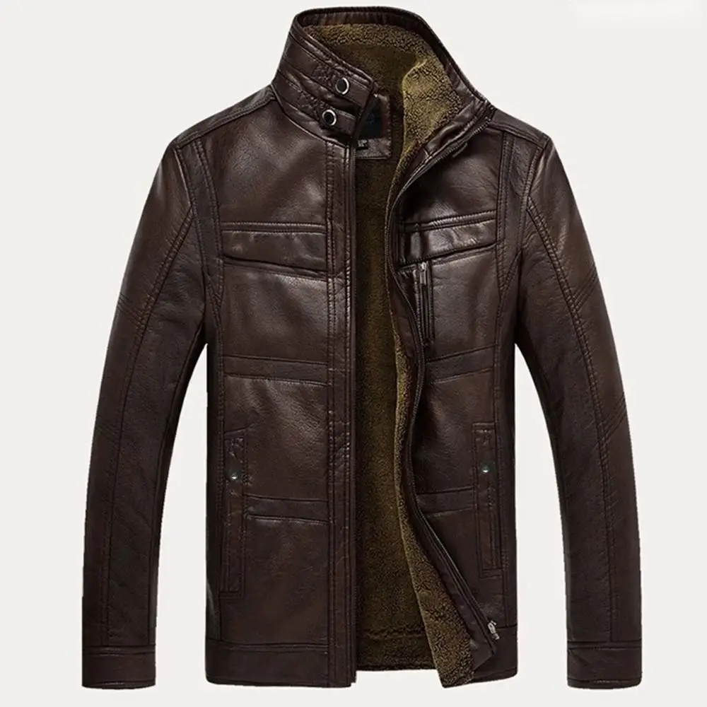 Description Picture 5 of itemJacket Fleece Stand Collar Long Sleeve Men Faux Leather Warm Lined Zip Short Jacket