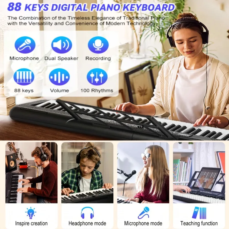 Portable Electronic Keyboard, 88 Keys with Microphone USB Rechargeable, Ideal for Beginners Music Education For Beginner Adults