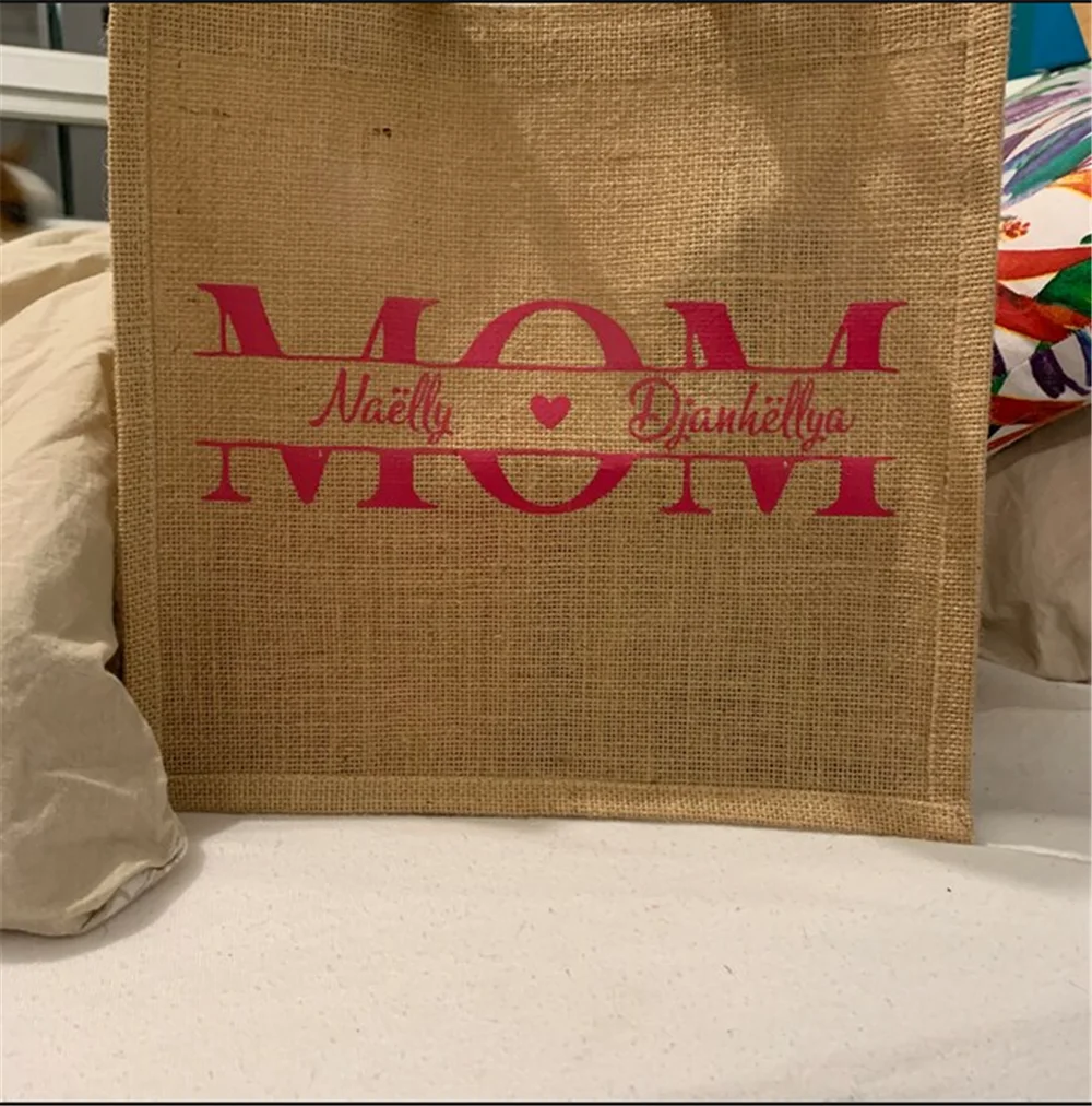 Personalized Name Beach Jute Bag Mother\'s Day Gift Jute Bags Beach Party Handbag Unique Custom Name Gift Shopping Bag for Mom