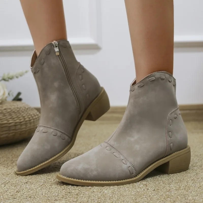 

Женские замшевые ботильоны на молнии, осенняя женская обувь с острым носком, Лоскутные ботинки челси на квадратном каблуке, женская обувь для женщин, 2023