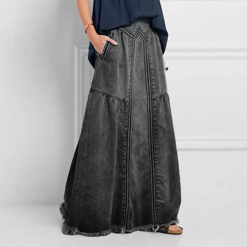 thumbnail image 1 of Faldas largas de mezclilla bohemias de gran tamaño TEELYNN para mujer, 2022, de algodón, holgadas, de verano, para mujer, 5XL, estilo bohemio, vintage, falda larga de mezclilla, 1 of 4