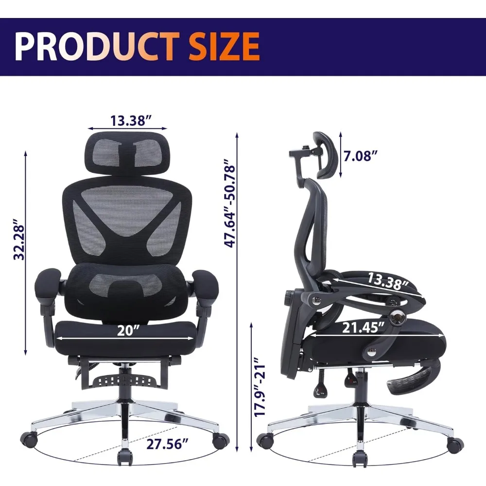Ergonomic Office Chair, Home Office Desk Chairs with Foot Rest,High-Back Mesh Computer Desk Chair with Adjustable Lumbar Support 3