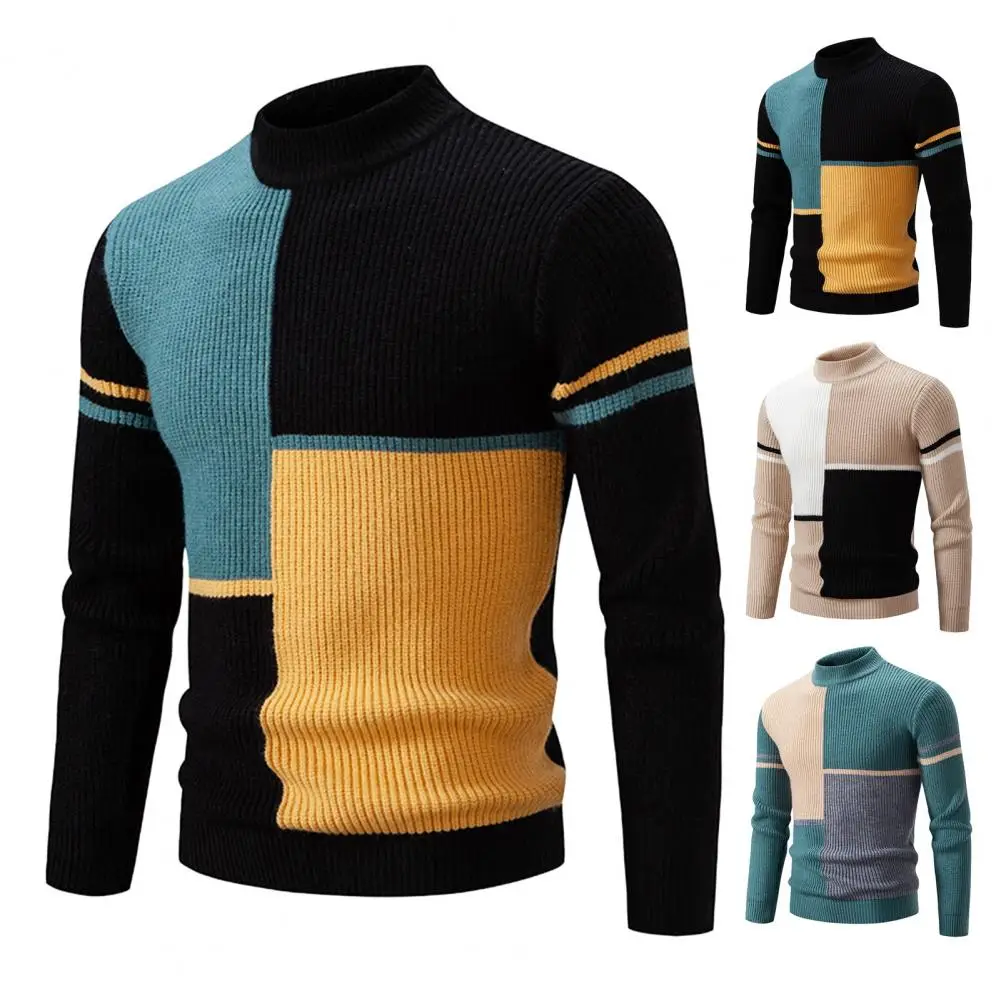 

Long Sleeve Color-blocked Top Colorblock Knitted Men's Sweater with Half-high Collar Slim Fit Warmth for Fall Winter