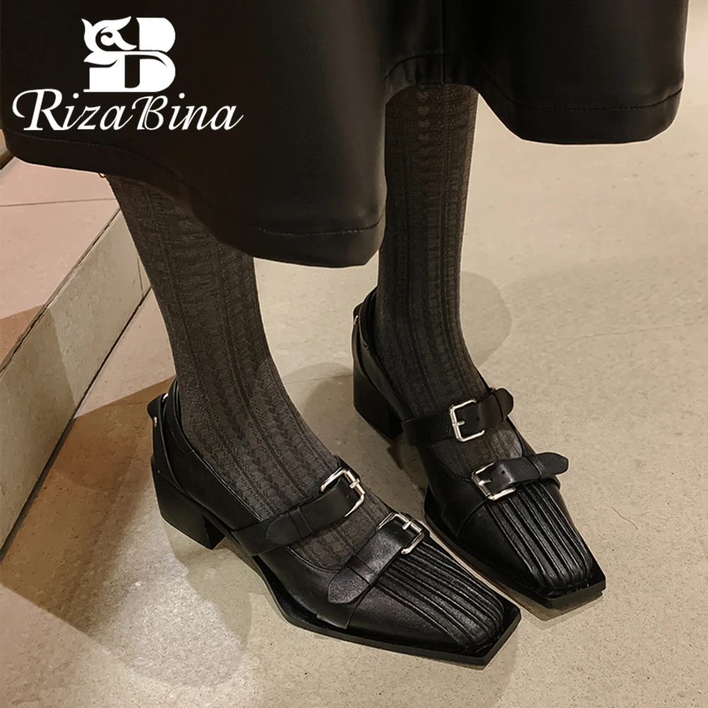 

RIZABINA Square Toe Women Pumps Real Leather Chunky Heel Slip On Shoes Lady Chic Double Buckle Strap Party Solid Color Footwear