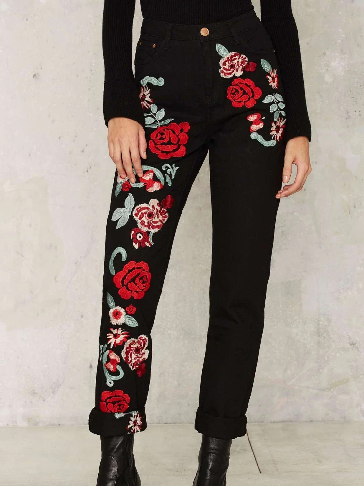 

Fashion High Waist Straight Embroidery Jeans for Women Street Wear Flower Print Wide Leg Loose Black Mom Trousers Clothing 2023