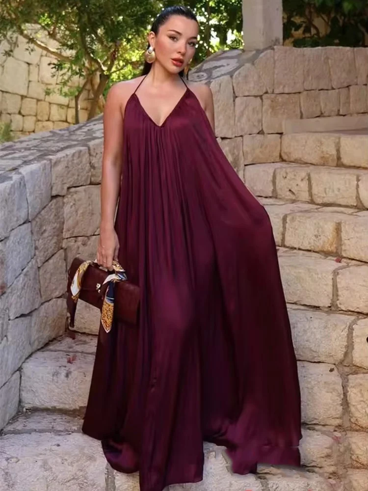 Satin Elegant Dress Woman 2025 Sleeveless Halter Neck Women's Party Dresses Summer Backless Sexy Evening Dress