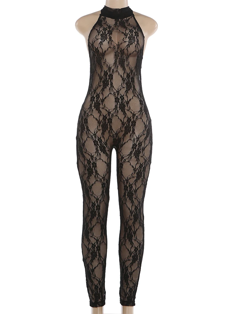 Weird Puss See through Backless Jumpsuit Women Sexy Wild Jacquard Bandages Halter Sleeveless Stretch High Street Party Clubwear 6