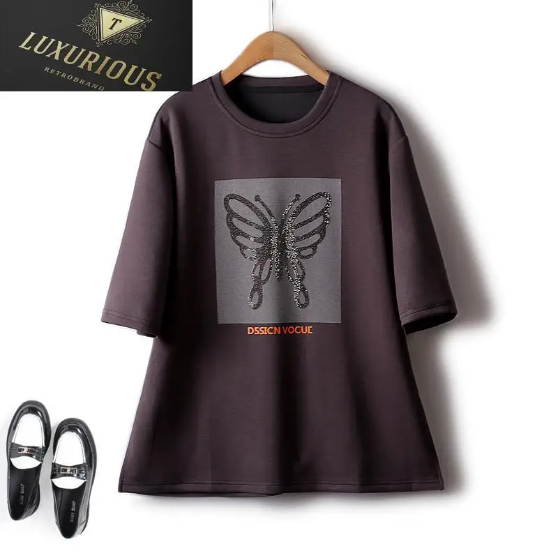 

2023 Summer New Korean Fashion Oversized T-shirt Woman O Neck Raglan Sleeve Hot Diamond Animal Cotton Drape Top Women 4XL