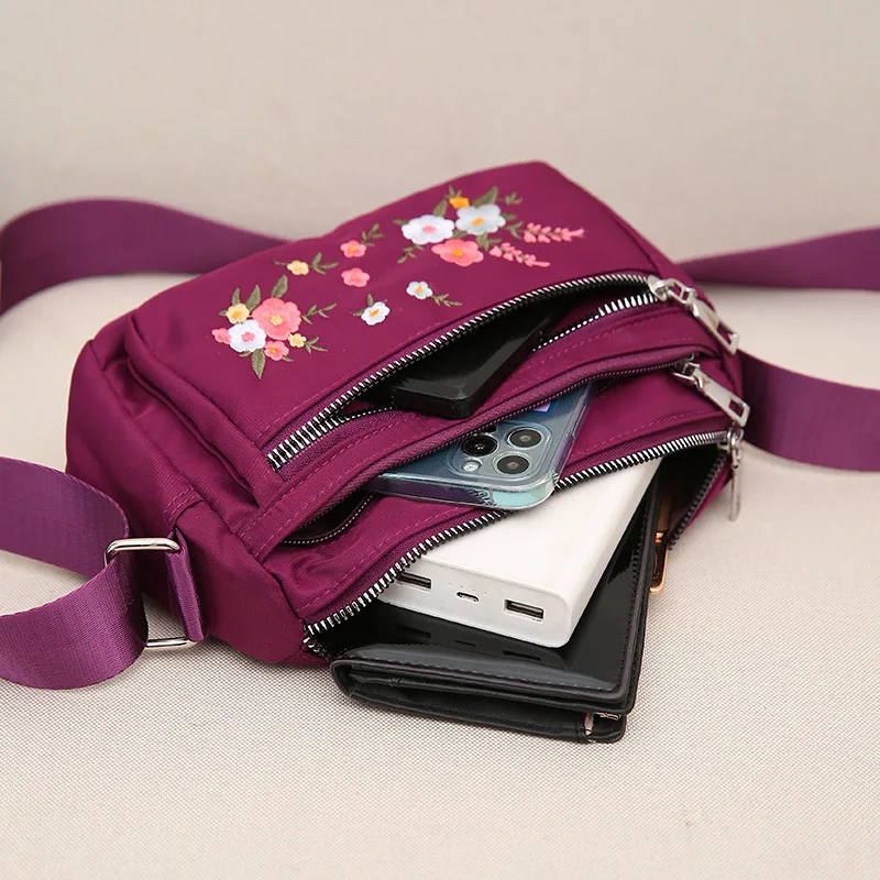 Casual Crossbody Backpack Ladies Oxford Cloth Shoulder Bag Fashion Embroidery Flower Zipper Travel Handbag