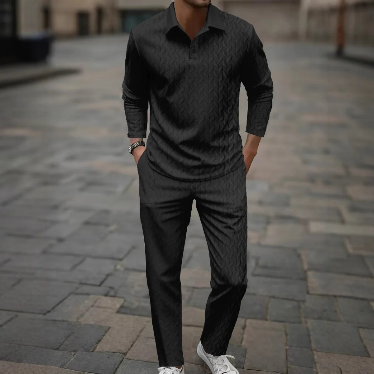 قميص بولو عصري للرجال دافئ في الربيع والخريف لون نقي نمط أذن القمح طقم سراويل طويلة رياضية غير رسمية بأكمام طويلة