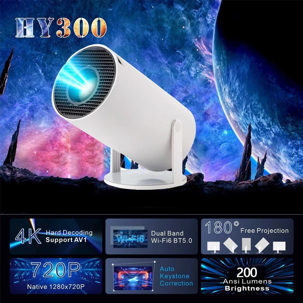 미니빔  휴대용 홈 시네마 프로젝터, hy300 4K 미니 빔, 안드로이드 11, 5G, BT5.0, 와이파이, 야외 1080P, 4K 영화, HD LED 폰, YERSIDA 