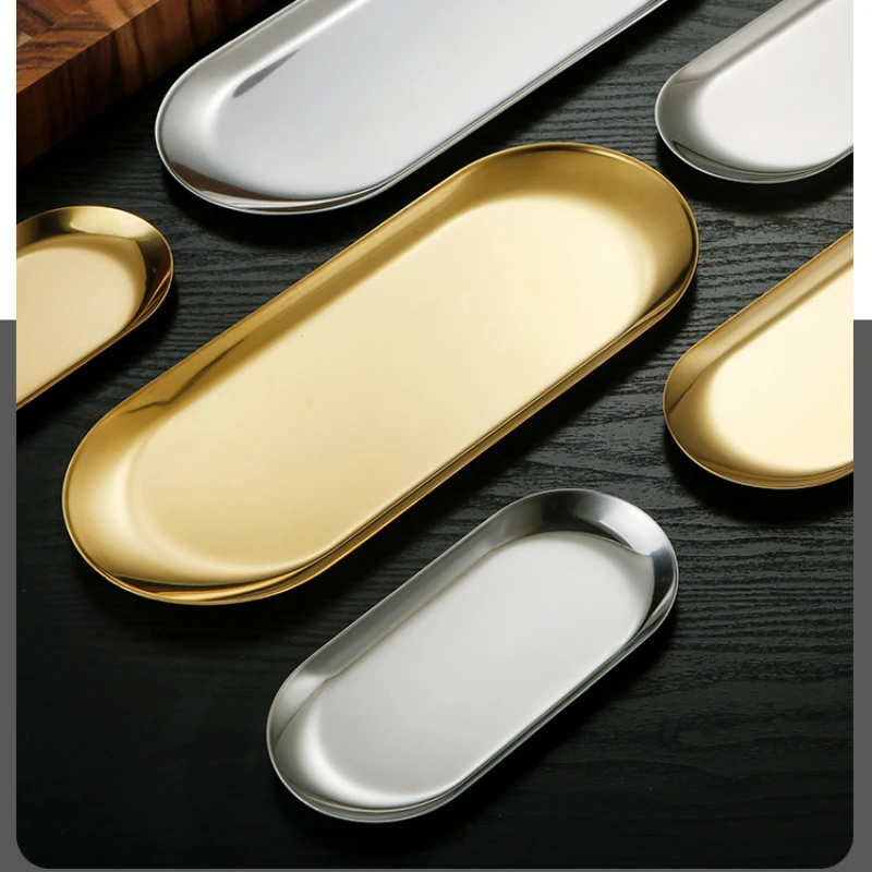 Nordic Style Snack Dish Bread Cake Dessert Plate Golden Stainless Steel Oval BBQ Plate Korean Cuisine Tableware Fruit Tray