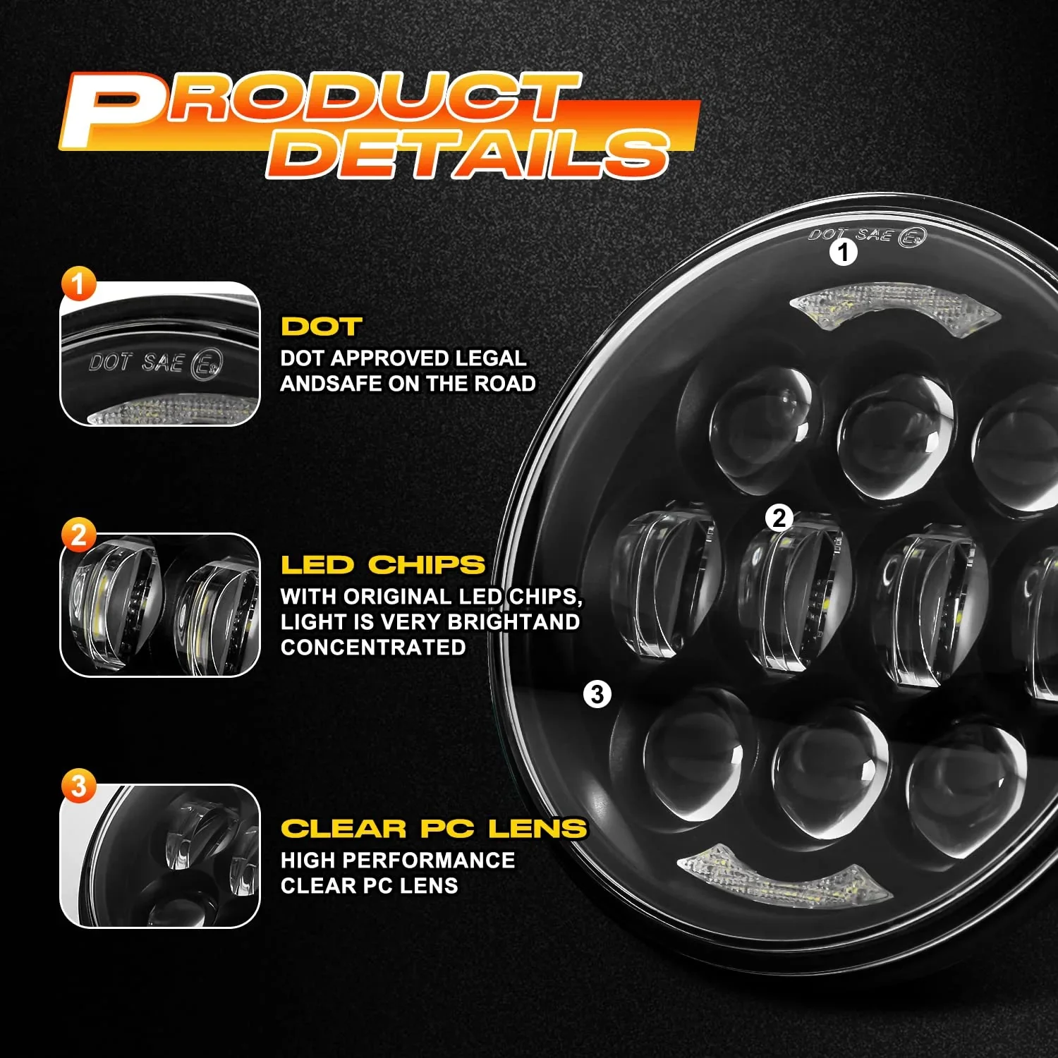 80W 5-3/4" 5.75" Round LED Projection Headlight for Harley Dyna Street Bob Super Wide Glide Low Rider Super Bright DOT Approved detail image 3