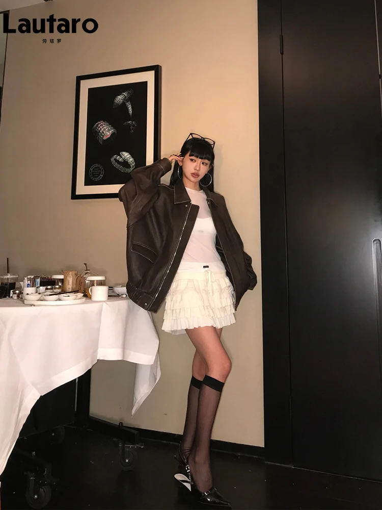 Lautaro Spring Autumn Cool Handsome Retro Oversized Distressed Brown Soft Faux Leather Jackets for Women Zipper Runway Fashion 6
