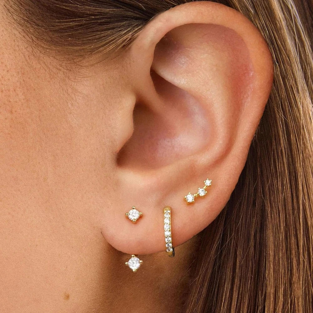 Dainty Zircon Small Stackable 14k Gold Plated Earrings Set for Women Multiple Piercing Cartilage Huggie Hoop Earring Jewelry