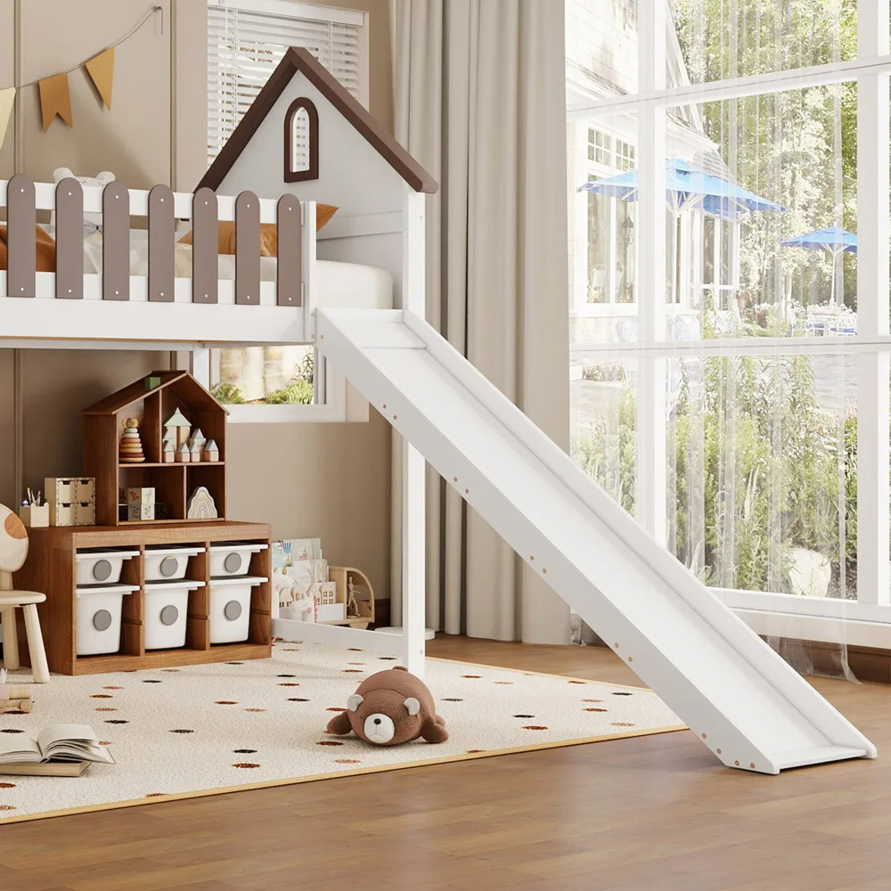 90x200cm Hochbett, mit Dach und Fenster, mit dreistufiger gerader Leiter, Jugendbett, Kinderbett mit Rutsche, Weiß+Walnuss – Detail 22