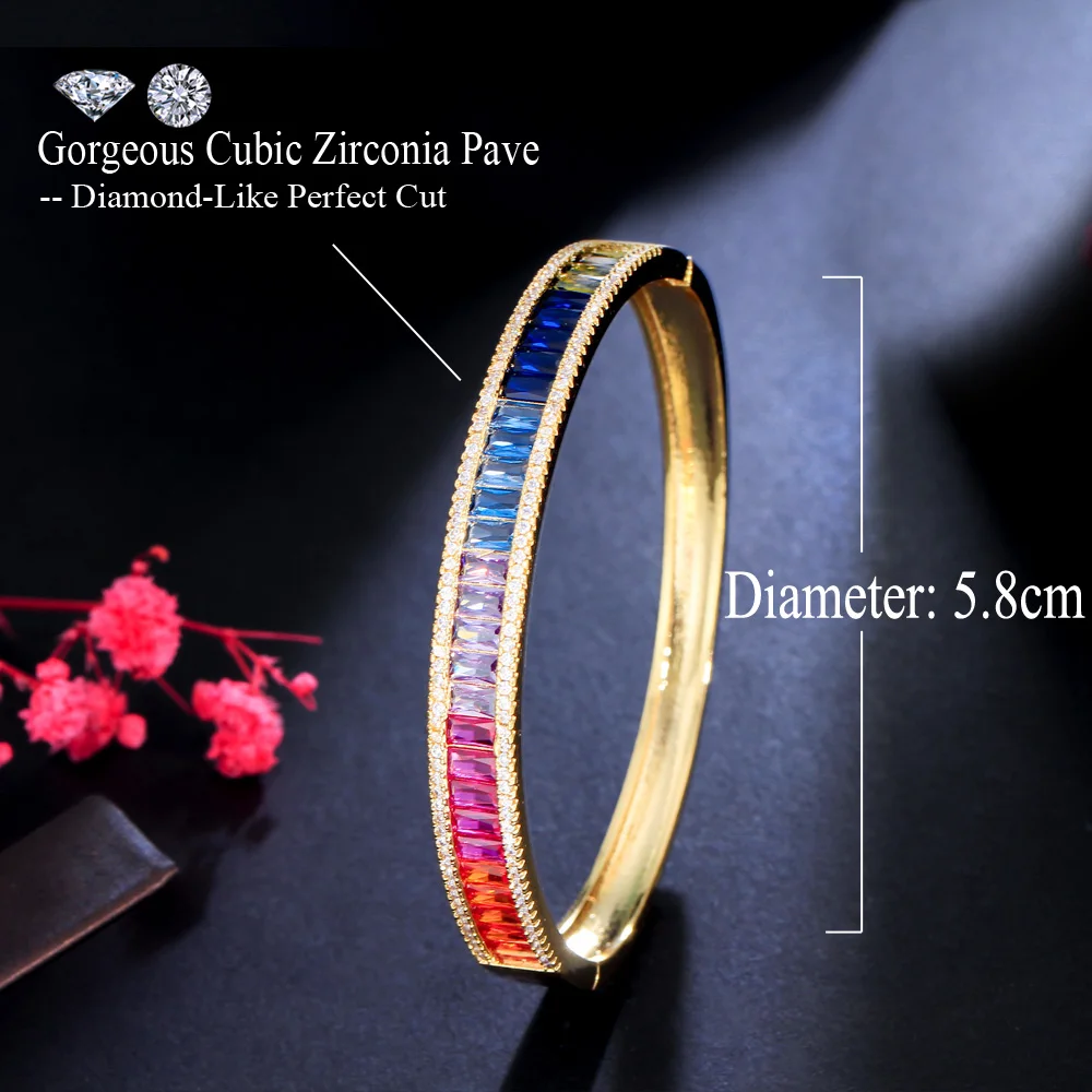 CWWZircons Unique Baguette Rainbow Cubic Zirconia Round Open Cuff Bangle for Women Trendy Brazilian Gold Plated Jewelry BG048 6