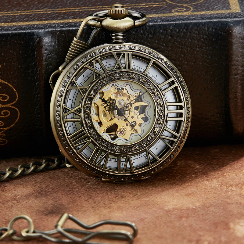 Mechanical Pocket Watch FOB Chain Locket Dial Hollow Steampunk Skeleton Men Women Mens Male Clock Watches 2023
