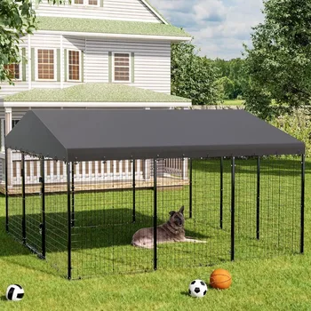 Large Outdoor Kennel with Fully Covered Roof Metal Galvanized Outdoor Dog Fence with Double Security Locks Waterproof Cover 4