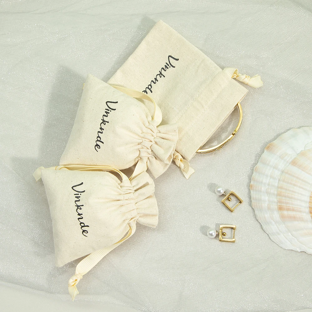Baumwoll-Schmuckbeutel mit Kordelzug, Naturfarben, Musselin-Beutel mit Pilzöffnung und Zweiseitigem Ripsband, DIY-Geschenkverpackung – Detail 4