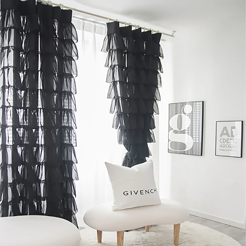 Modern Fashion Cupcake Layer Curtains Korean Black White Lace Sheer Curtain for Living Room Girls Room Romantic Ruffles Cortinas