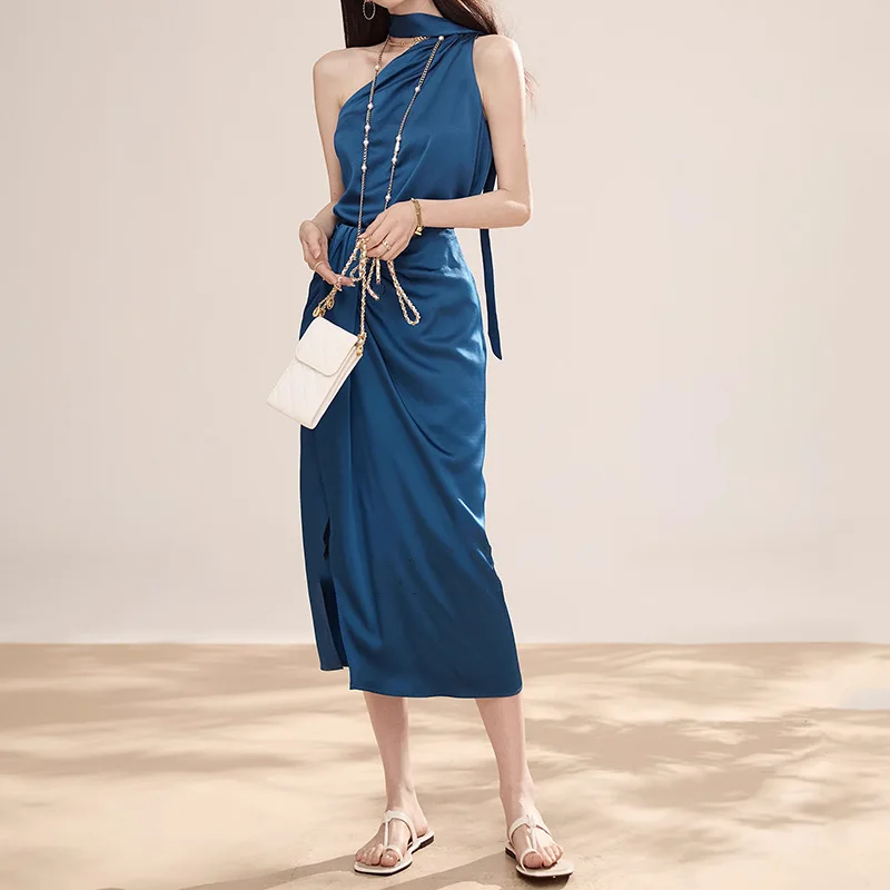 

2024Elegant Oblique Shoulder StrapTop and Skirt Set for Women, Party Vacation Nightclub, Sexy Two Piece, Pleated HalfSkirt, 100%