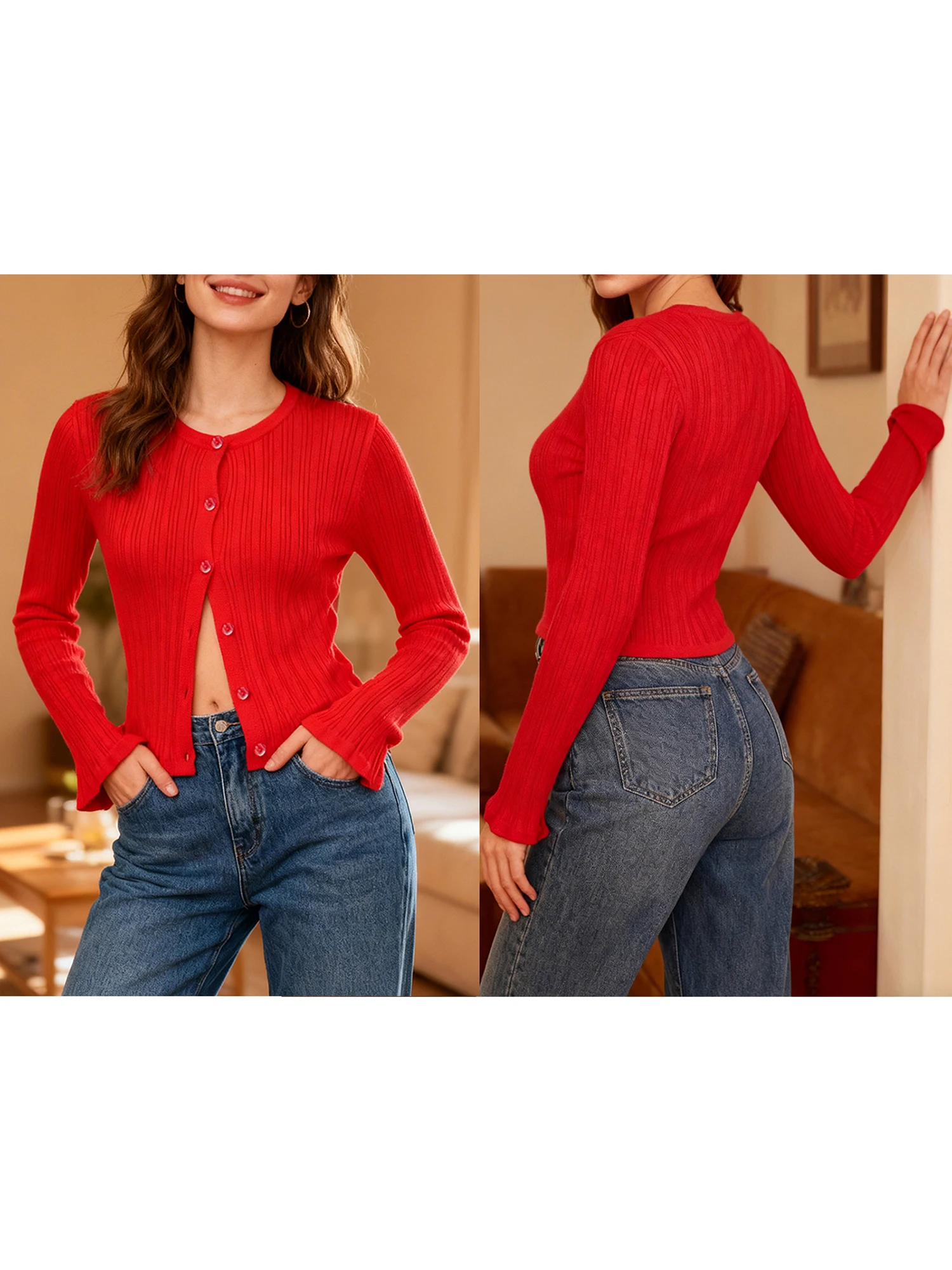 Ladies Ribbed Knit Button-Up Cardigan with Long Sleeves and Cropped Length in Solid Color for Chic Street Style