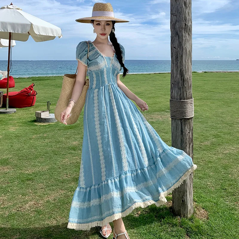 

Women Rural Vacation Seaside Beach Blue Fashion Take Photos Dresses 2024 New Elegant Temperament Vintage Loose Boho Dresses