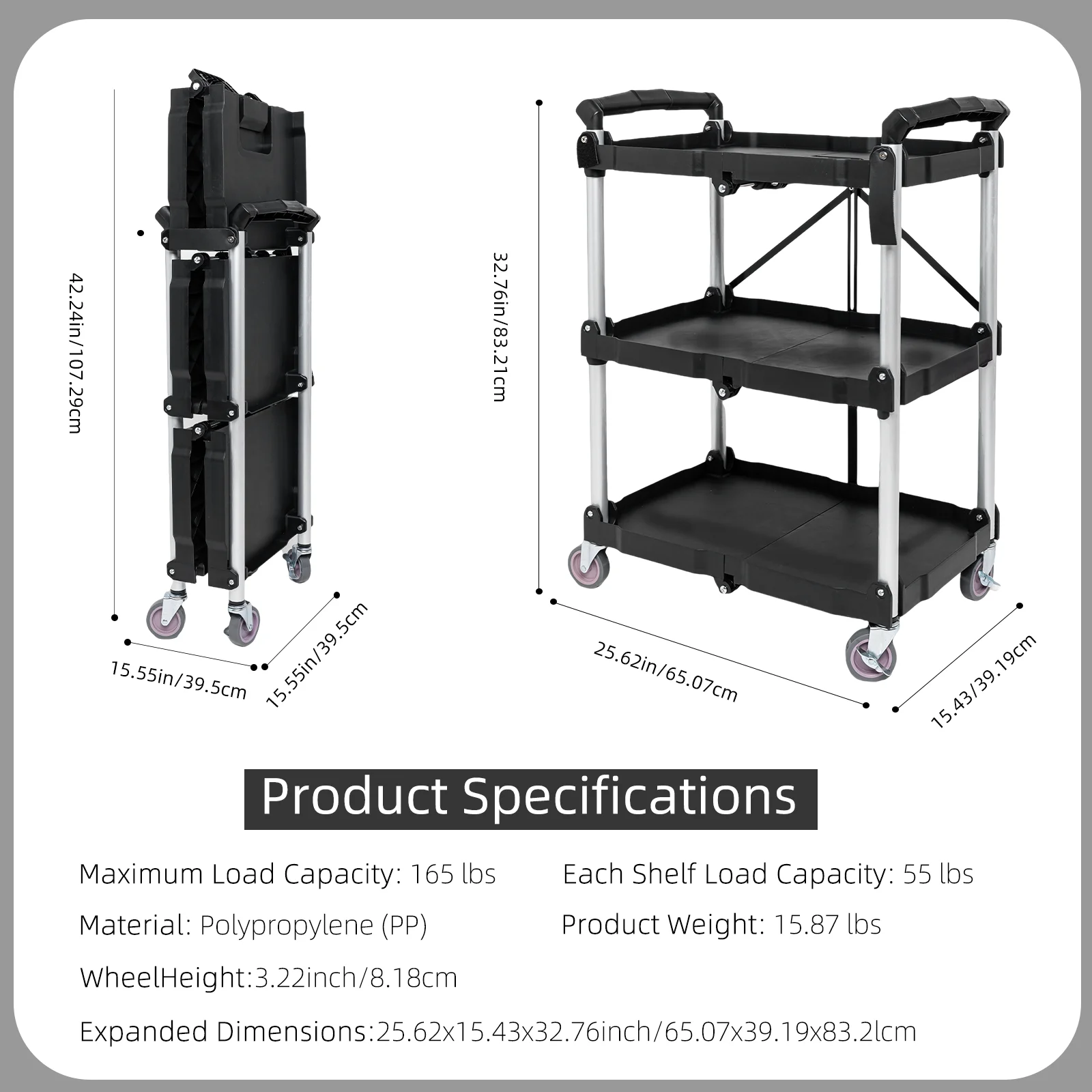 No Assembly Foldable Service Carts with Wheels 3 Tier Portable Utility Rolling Tool Garage Cart Collapsible Storage Cart