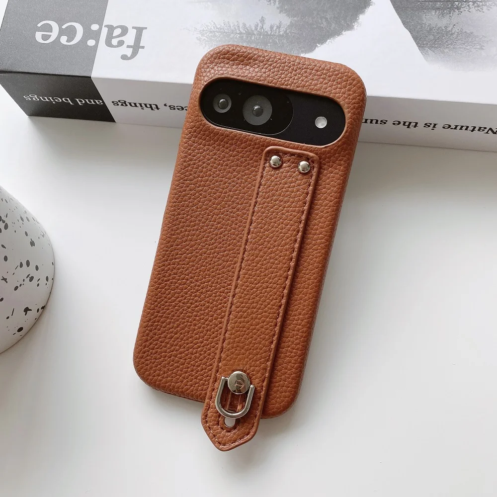Lichee Pattern Leather Phone Case with Wrist Strap and Bracket - Protective Back Cover
