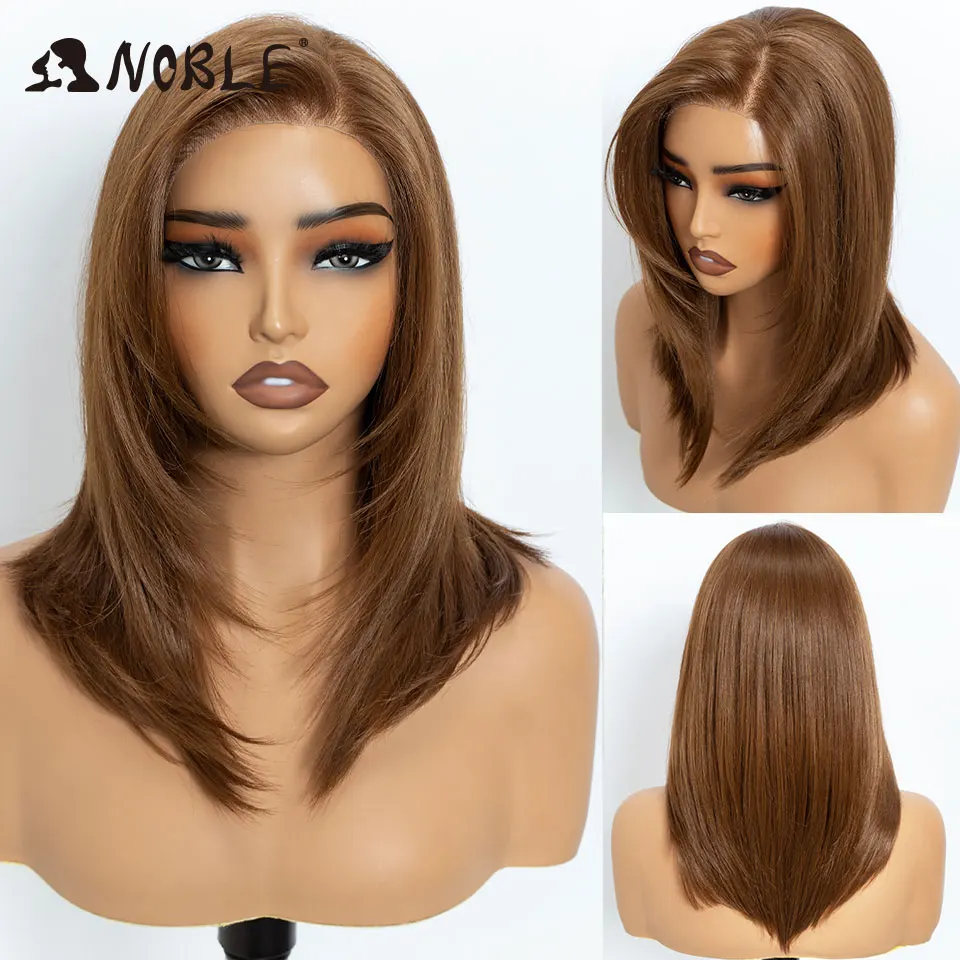 Noble Synthetic Lace Front Wig 13X3 Free Part Pre Plucked Bob Wig 16" Straight Layered Ombre Brown Frontal Lace Wigs For Women