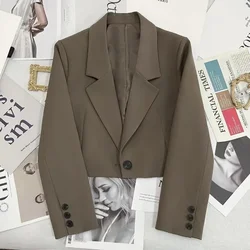 Korean Fashion Cropped Blazers Jacket Women Long Sleeve Office Ladies Streetwear Solid Color Single Button Short Suit Coat New