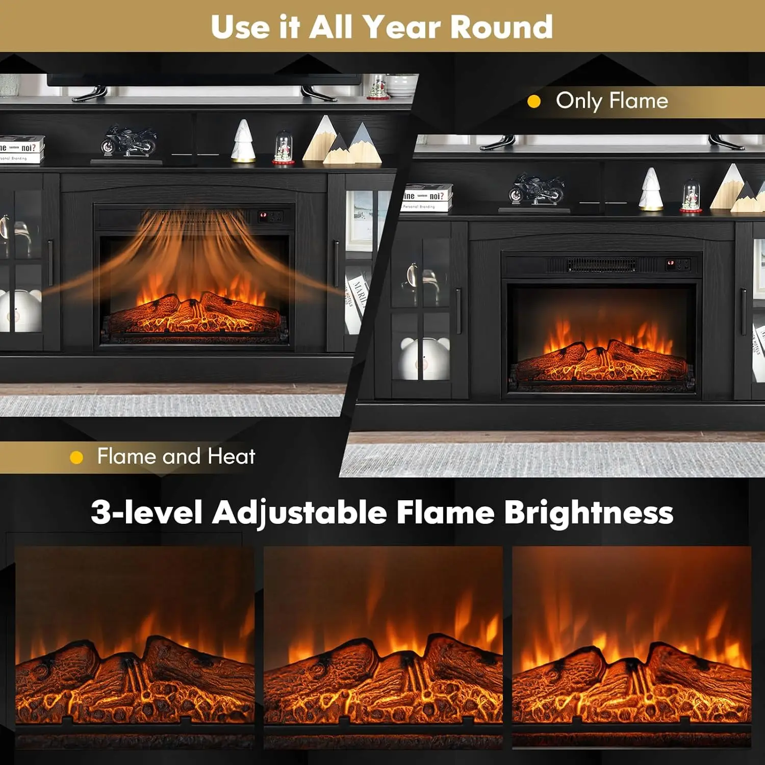 Electric Fireplace TV Stand for TVs Up to 65 Inches 1400W Heater Insert with Remote Control 6H Timer 3-Level Flame