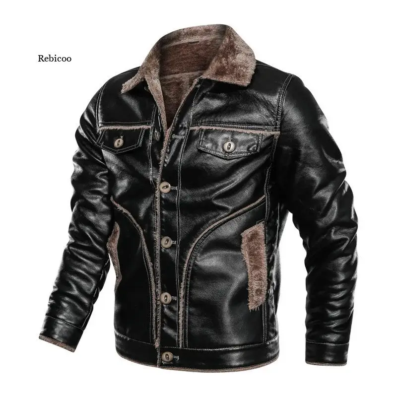 

Mens Leather Fur Jacket Coat Winter Fleeced Warm Vintage Faux Leather Jacket Men Motorcycle Coats