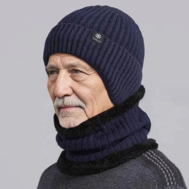 Winter 2-piece Sets For Men Dad Knit Cap Velvet Hat Coral Fleece Scarf Outdoor Riding Thickening Plus Neck Protect Cap