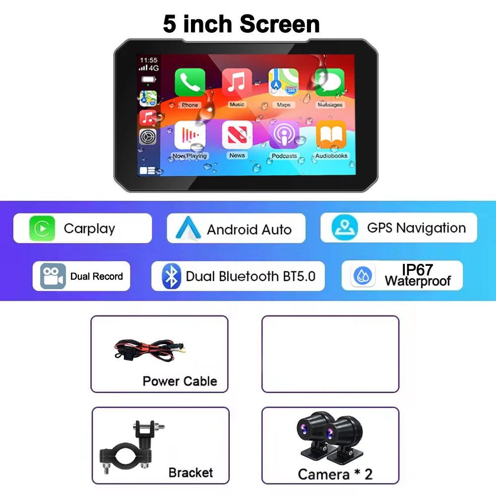 5 Inch Touch Screen Motorcycle CarPlay Screen Support Dual Camera Record with Wi